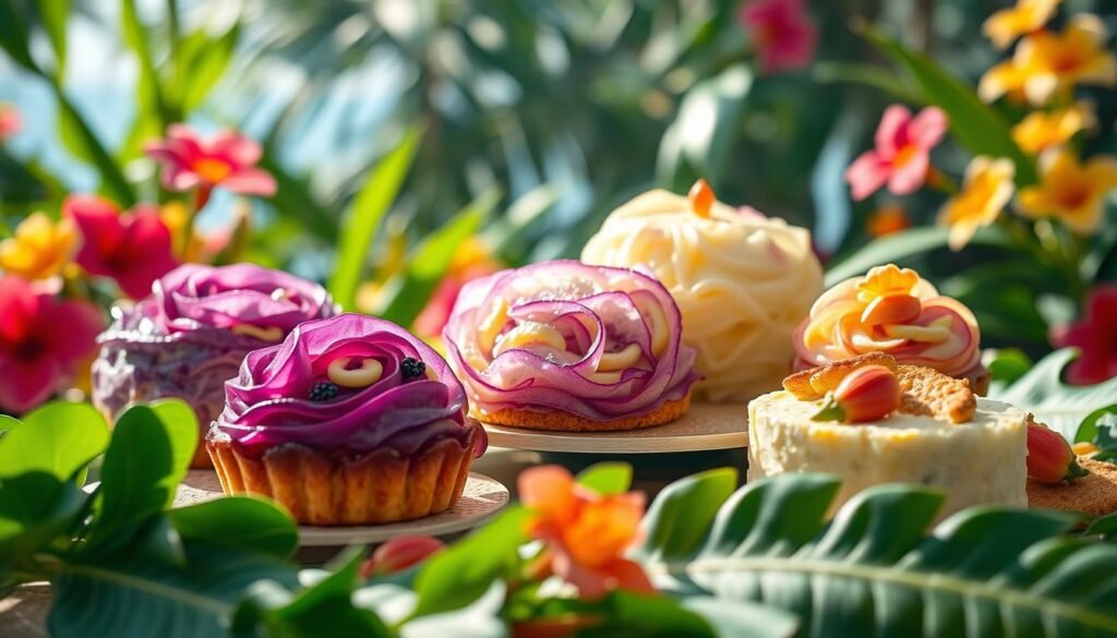 Innovative cabbage desserts in a vibrant Caribbean setting. A colorful display of cabbage-based pastries, tarts, and cakes set against a tropical backdrop of lush greenery, bright blooms, and a warm, sun-dappled atmosphere. Soft, dreamy lighting illuminates the intricate textures and playful shapes of the desserts, showcasing their unexpected yet delightful fusion of savory and sweet. The scene exudes a sense of culinary adventure and a celebration of the versatility of this humble vegetable. Close-up angles highlight the delicate craftsmanship, while wider shots provide a glimpse of the overall visual harmony. An inviting and imaginative tableau that entices the senses and challenges preconceptions about what cabbage can achieve in the world of desserts.