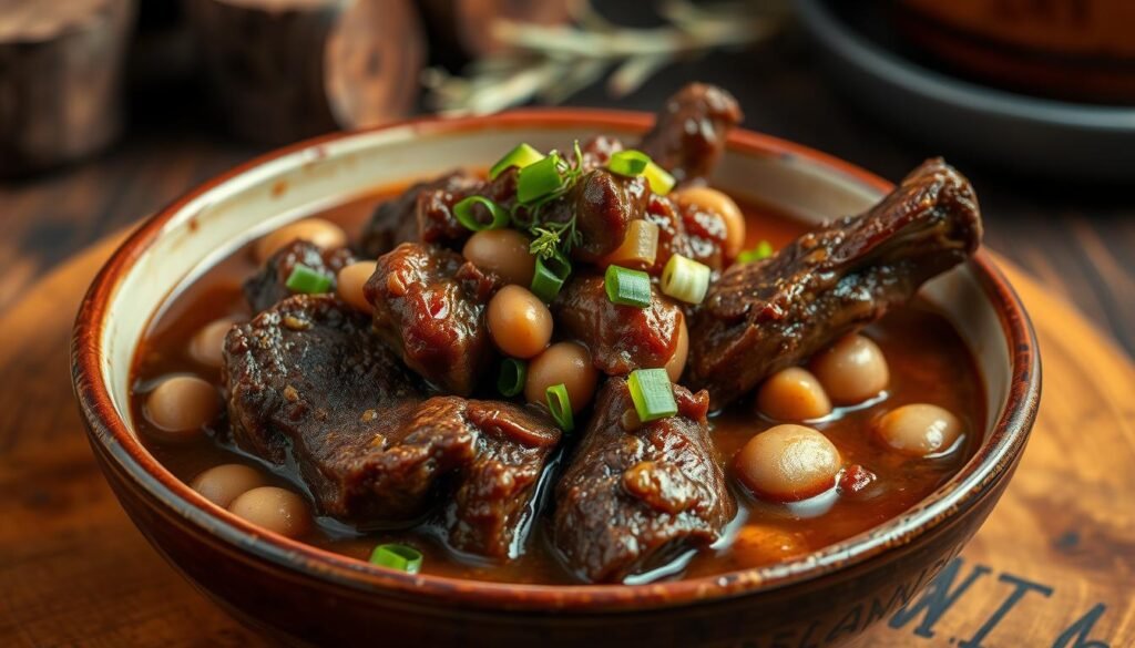 Jamaican Caribbean oxtail stew with tender oxtail, creamy butter beans, and aromatic seasonings. Simmered in a rich, savory broth, garnished with fresh thyme and scallions. Warm lighting illuminates the hearty dish, set against a backdrop of rustic wood and earthy tones, evoking the comforting flavors of a classic Jamaican home-cooked meal. Photographed from an angle that highlights the depth and textures of the dish, using a shallow depth of field to create a cozy, intimate atmosphere.