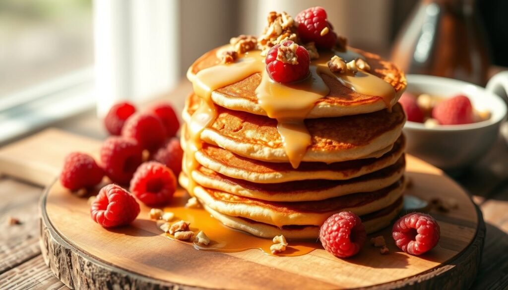 Keto breakfast pancakes, golden and fluffy, stacked high on a rustic wooden board. Drizzled with creamy sugar-free maple syrup, sprinkled with crushed pecans, and garnished with fresh raspberries. The scene is bathed in warm, natural lighting, casting gentle shadows and highlights that accentuate the delicate texture of the pancakes. The overall mood is cozy, inviting, and mouthwatering, capturing the essence of a wholesome, low-carb morning meal.