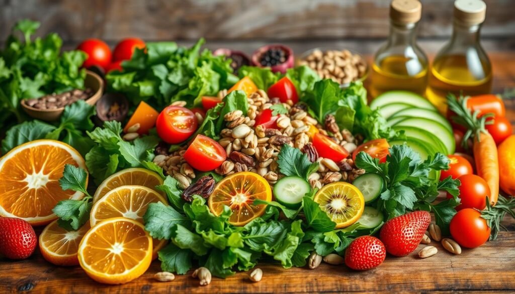 Lush, vibrant salad ingredients arranged on a rustic wooden table, illuminated by soft, natural lighting. In the foreground, a variety of fresh, juicy fruits, such as sliced oranges, kiwi, and strawberries, nestled among a bed of leafy greens, tomatoes, and cucumbers. The middle ground features different types of nuts, seeds, and dried fruits, adding texture and depth to the composition. In the background, dressing ingredients like olive oil, vinegar, and herbs create a harmonious, appetizing ensemble. The overall scene conveys a sense of health, freshness, and culinary delight, perfectly suited to illustrate "Flavorful Dressings to Elevate Salads".