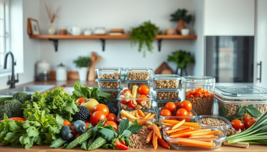 Meal prep for healthy lunch: a bright, airy kitchen counter showcasing a variety of fresh, seasonal ingredients. In the foreground, an array of colorful vegetables, lean proteins, and whole grains. In the middle ground, glass containers and reusable lunch boxes, ready to be filled with nutritious, flavorful meals. Overhead, warm, natural lighting illuminates the scene, creating a welcoming, organized atmosphere. The background features minimalist decor, allowing the focus to remain on the meal prep essentials. This image evokes a sense of mindfulness, efficiency, and a commitment to maintaining a healthy lifestyle.