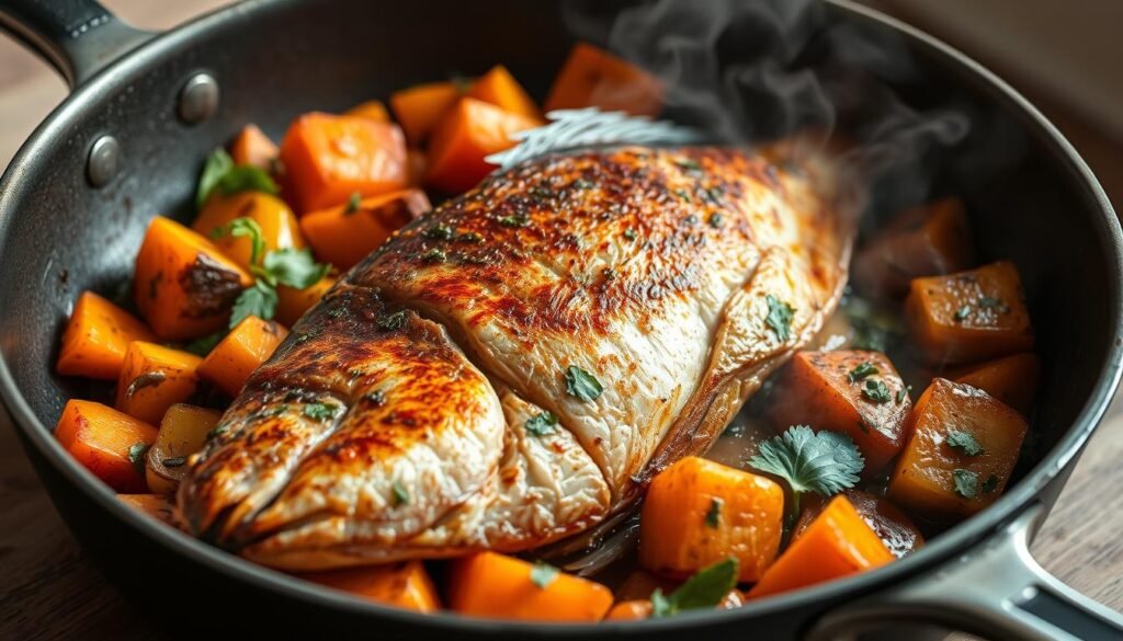 One-pan Caribbean red snapper seared to perfection, nestled among a vibrant medley of roasted vegetables - sweet potato, bell peppers, onions, and fresh herbs. A soft, natural lighting bathes the scene, highlighting the rich, caramelized colors and textures. The pan is positioned at a slight angle, inviting the viewer to observe the intimate details of this balanced, rustic dish. Aromatic steam rises, hinting at the bold, island-inspired flavors within. This calming, homespun culinary moment captures the essence of a nourishing, one-pan Caribbean red snapper and vegetable meal.
