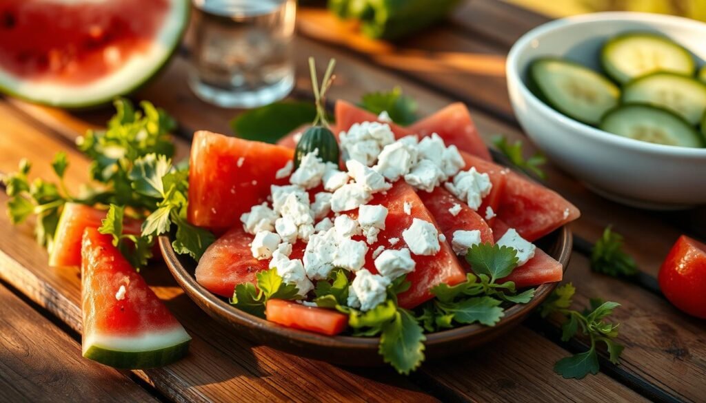 Refreshing watermelon and feta salad on a wooden table, with fresh greens, cucumbers, and a light vinaigrette dressing. Warm Mediterranean sunlight casts a golden glow, highlighting the vibrant colors and textures. Thin slices of watermelon and crumbled feta cheese create a harmonious balance of sweet and salty. The composition is elegant, with a casual, al fresco feel. The image should convey a sense of summer, lightness, and the rejuvenating flavors of the Mediterranean.