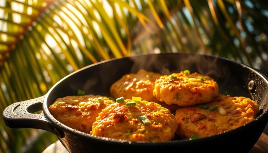 Saltfish fritters sizzling in a cast-iron skillet, golden and crispy on the outside, flaky and savory within. Juicy saltfish morsels nestled in a light, airy batter, accented with aromatic scallions, bell peppers, and a hint of heat from scotch bonnet chili. Backlit by warm, golden overhead lighting, casting dynamic shadows that emphasize the dish's texture and depth. Framed against a blurred, tropical backdrop of swaying palm leaves and a bright, sun-dappled sky. Capturing the vibrant essence of a beloved Caribbean street food snack.