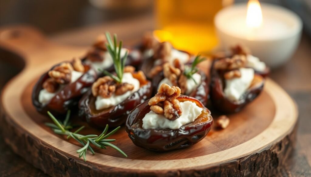 Savory stuffed dates, plump and glistening, nestled on a rustic wooden board. Creamy goat cheese, fragrant rosemary, and crunchy walnuts fill the dates, creating a harmonious balance of flavors. Soft lighting illuminates the scene, casting a warm, inviting glow. The image is captured from a slightly elevated angle, showcasing the appetizing arrangement. The background is blurred, allowing the stuffed dates to take center stage and entice the viewer. The overall mood is one of simple elegance, highlighting the versatility and appeal of this popular hors d'oeuvre. Savory stuffed dates, plump and glistening, nestled on a rustic wooden board. Creamy goat cheese, fragrant rosemary, and crunchy walnuts fill the dates, creating a harmonious balance of flavors. Soft lighting illuminates the scene, casting a warm, inviting glow. The image is captured from a slightly elevated angle, showcasing the appetizing arrangement. The background is blurred, allowing the stuffed dates to take center stage and entice the viewer. The overall mood is one of simple elegance, highlighting the versatility and appeal of this popular hors d'oeuvre.
