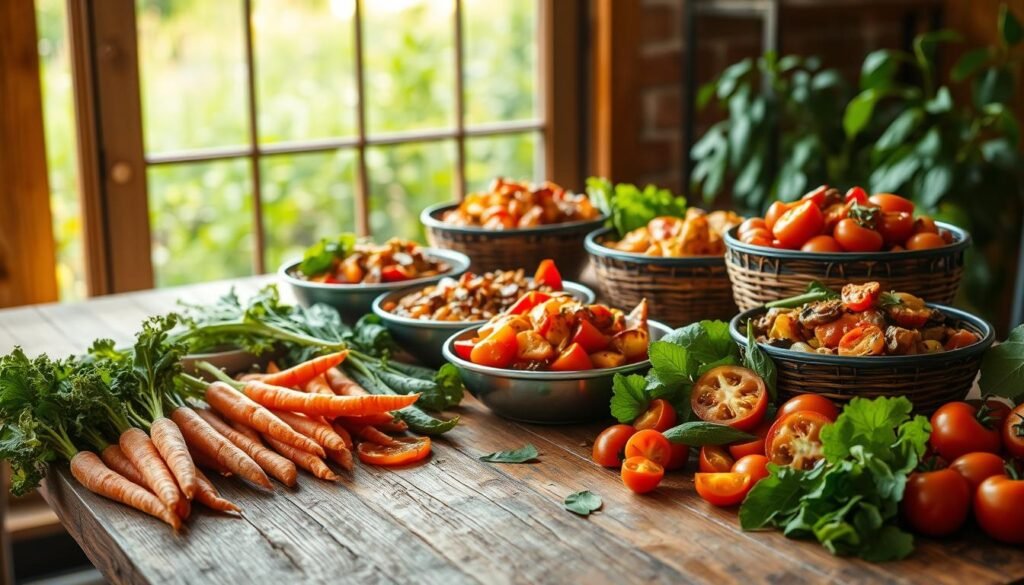 Seasonal vegetable side dishes arranged on a rustic wooden table, illuminated by warm natural lighting from a large window. In the foreground, a vibrant array of freshly harvested produce - leafy greens, crisp carrots, vibrant bell peppers, and plump tomatoes. In the middle ground, a variety of roasted and sautéed vegetable dishes, each showcasing the unique flavors and textures of the season. The background features a lush, verdant garden scene, hinting at the origin of these nourishing ingredients. The overall composition exudes a sense of abundance, wholesomeness, and a celebration of nature's seasonal bounty.