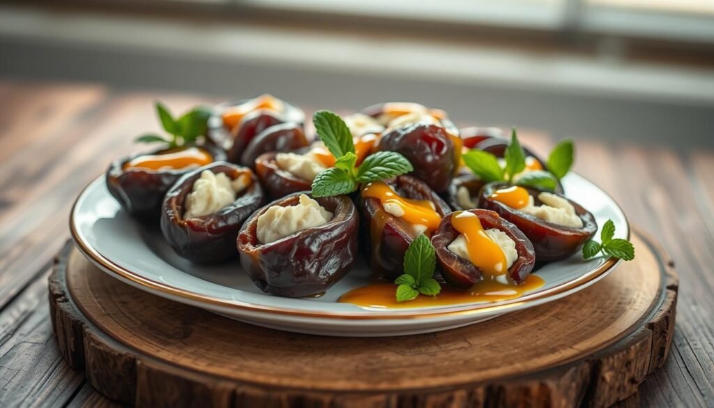 Serene still life capturing serving suggestions for decadent stuffed dates. Platter of luscious dates, halved and filled with creamy cheese, drizzled with golden honey, and garnished with fresh mint leaves. Soft, natural lighting from an overhead window creates warmth and depth. Wooden surface with rustic texture provides an earthy backdrop. Composition emphasizes the alluring contrast of the dates' dark, wrinkled skin and the vibrant green of the mint. Tight framing and shallow depth of field draw the viewer's focus to the inviting display. Evokes a sense of indulgence and sophistication - the perfect accompaniment for intimate gatherings. Serene still life capturing serving suggestions for decadent stuffed dates. Platter of luscious dates, halved and filled with creamy cheese, drizzled with golden honey, and garnished with fresh mint leaves. Soft, natural lighting from an overhead window creates warmth and depth. Wooden surface with rustic texture provides an earthy backdrop. Composition emphasizes the alluring contrast of the dates' dark, wrinkled skin and the vibrant green of the mint. Tight framing and shallow depth of field draw the viewer's focus to the inviting display. Evokes a sense of indulgence and sophistication - the perfect accompaniment for intimate gatherings.