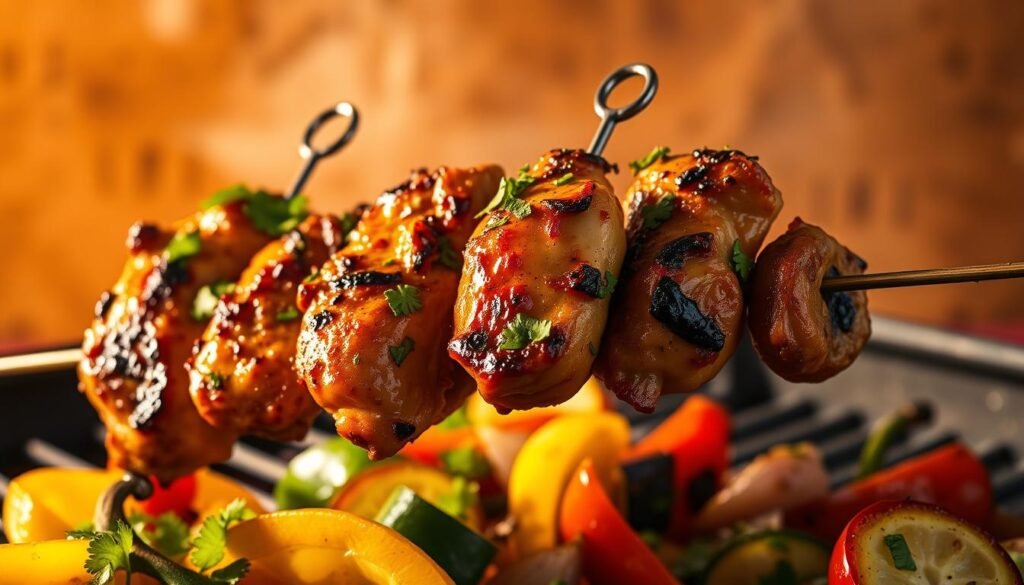 Sizzling grilled Mexican chicken skewers, tender juicy thighs marinated in a blend of smoky chipotle, tangy lime, aromatic cilantro, and warm spices. The skewers are backlit by the golden glow of a charcoal grill, casting dynamic shadows that dance across the foreground. In the middle ground, colorful roasted bell peppers, onions, and zucchini slices add vibrant pops of color. The background softly fades into a warm, rustic adobe wall, evoking the spirit of authentic Mexican cuisine. The lighting is warm and inviting, highlighting the appetizing char and caramelization on the chicken. Shot with a shallow depth of field to draw the eye to the delectable skewers.