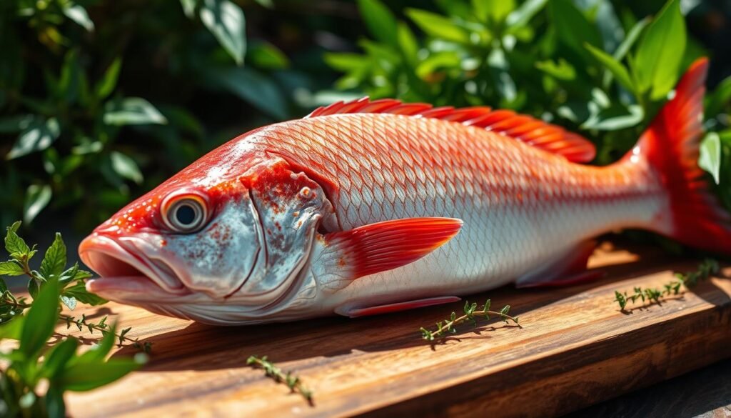 Snapper: The Caribbean Favorite A close-up shot of a freshly caught and expertly prepared whole red snapper fish, its vibrant scales glistening under warm, tropical sunlight. The fish is presented on a rustic wooden cutting board, surrounded by lush, verdant Caribbean foliage and a few sprigs of aromatic herbs. The composition is slightly angled, conveying a sense of movement and freshness. The lighting is soft and natural, casting gentle shadows that accentuate the fish's textured skin and firm, flaky flesh. The overall mood is one of abundance, simplicity, and the essence of the Caribbean culinary tradition.