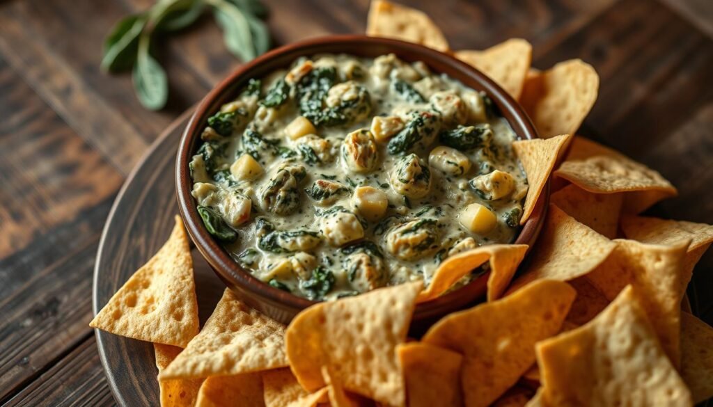 Spinach and artichoke dip, a creamy, luscious vegetarian delight, sits atop a rustic wooden table. The dip's vibrant green hue is punctuated by the warm, earthy tones of the artichoke hearts, creating a visually appealing contrast. Soft, pillowy pita bread wedges and crisp, golden-brown tortilla chips surround the bowl, inviting the viewer to scoop and dip. Soft, indirect lighting casts a gentle glow, heightening the appetizing appeal of the dish. The scene exudes a cozy, comforting atmosphere, perfect for a Thanksgiving spread of vegetarian side dishes.