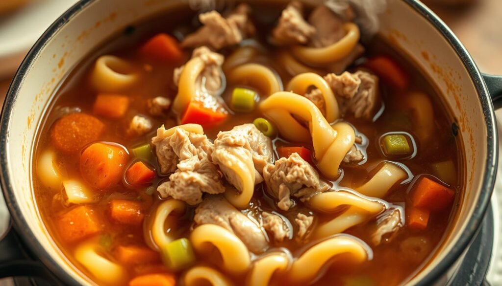 Steaming bowl of hearty turkey noodle soup, filled with tender chunks of roasted turkey, wide egg noodles, vibrant vegetables like carrots, celery, and onions, swimming in a rich, savory broth. Warm, comforting lighting casts a cozy glow, as if fresh from the stovetop. The scene is captured from a high angle, showcasing the enticing layers and textures of the soup. An inviting, homemade aesthetic, perfect for highlighting the transformation of Thanksgiving leftovers into a delicious, restorative meal.