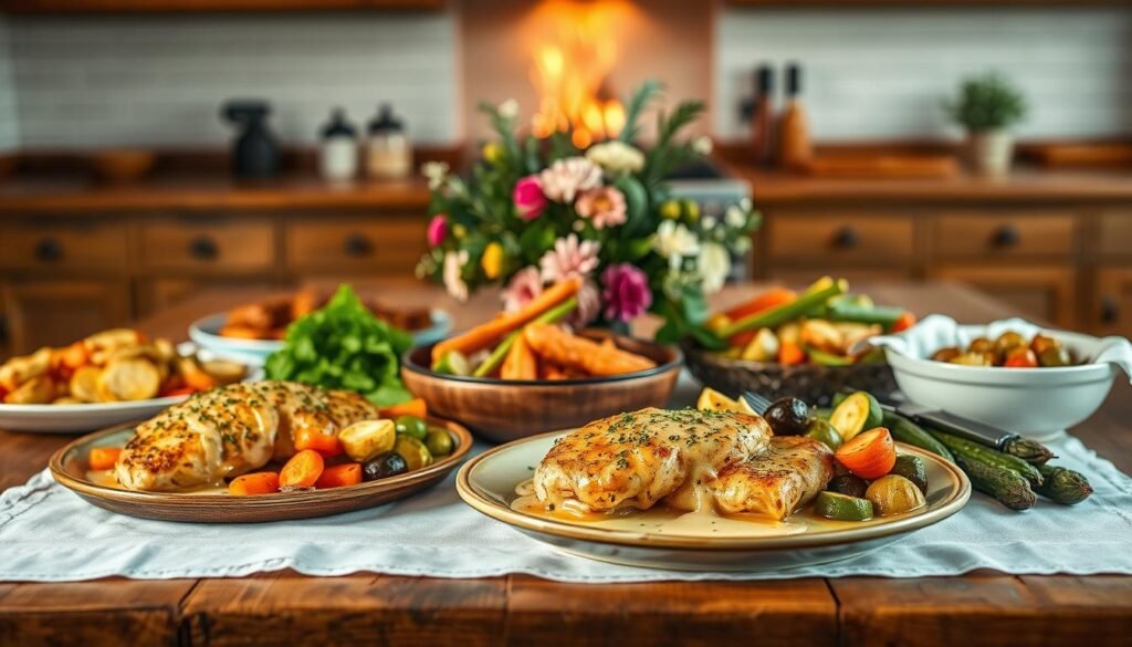 Sumptuous healthy chicken dinner recipes presented in a rustic, farmhouse-inspired setting. A wooden table in the foreground, adorned with a crisp white tablecloth, showcases a variety of vibrant, nutrient-rich dishes. Baked chicken breasts glazed with a light lemon-herb sauce, accompanied by a colorful medley of roasted vegetables - carrots, Brussels sprouts, and zucchini. In the middle ground, a simple yet elegant floral centerpiece adds a touch of natural charm. The background features a warm, inviting kitchen, with shiplap walls and the faint glow of a cozy fireplace, creating a sense of comfort and coziness. Soft, natural lighting gently illuminates the scene, highlighting the fresh, wholesome ingredients and the mouthwatering presentation.