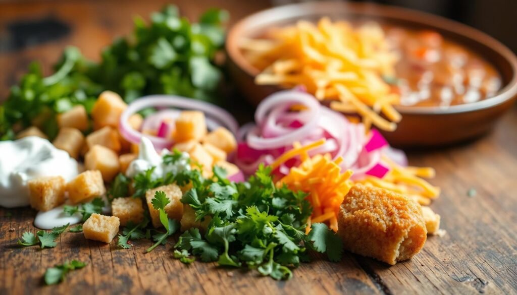 Tantalizing arrangement of bean soup toppings on a rustic wooden surface, with a soft focus and warm lighting. In the foreground, a sprinkling of freshly chopped cilantro, crispy croutons, and a drizzle of sour cream. The middle ground features a scattering of shredded cheddar cheese and diced red onions, creating a vibrant contrast. In the background, a hint of steaming bean soup, its aroma wafting through the frame, inviting the viewer to dive in and savor the flavors. The overall scene exudes a comforting, homemade atmosphere, perfectly capturing the essence of "Adding Variety to Your Bean Soup".