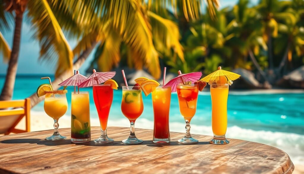 Tropical vacation alcoholic drinks aesthetic: A vibrant, sun-drenched beach scene with a lush, palm-fringed backdrop. In the foreground, an assortment of colorful cocktails adorn a weathered wooden table, their garnishes and umbrellas casting playful shadows. The lighting is warm and golden, as if captured during the golden hour. The camera angle is slightly elevated, allowing the viewer to appreciate the full composition, including the turquoise waves lapping at the shore in the distance. The overall mood is one of relaxation, indulgence, and a carefree, island-inspired ambiance.