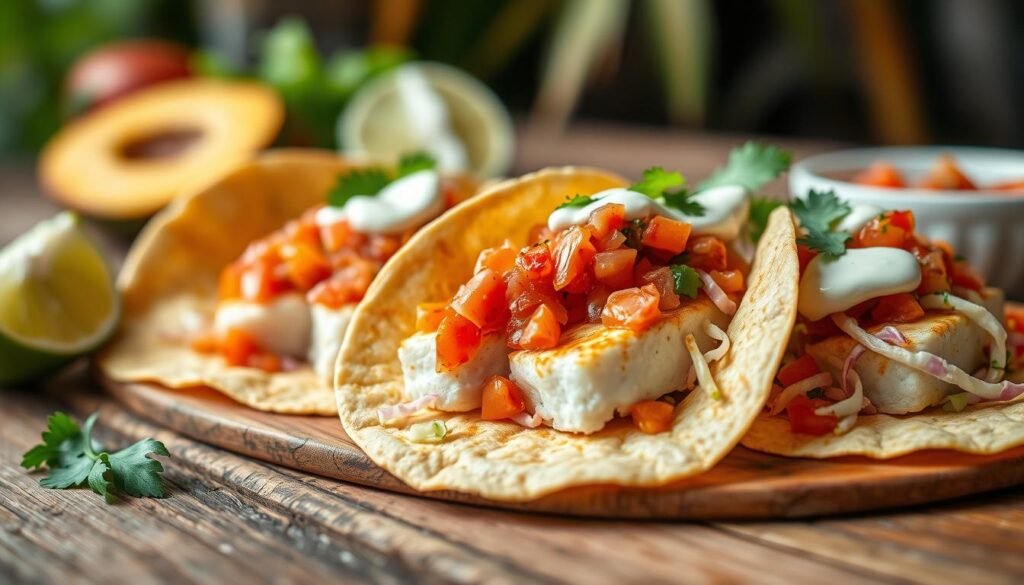 Vibrant 15-minute Caribbean fish tacos on a rustic wooden table. Flaky white fish filets in a warm corn tortilla, topped with a zesty pico de gallo, shredded cabbage, and a drizzle of creamy lime crema. Overhead natural lighting illuminates the fresh ingredients and casual island setting. The scene evokes a laidback tropical vibe, perfect for a quick and easy weeknight dinner or casual gathering. Shallow depth of field focuses the viewer on the delectable tacos, inviting them to take a bite and savor the flavors of the Caribbean.