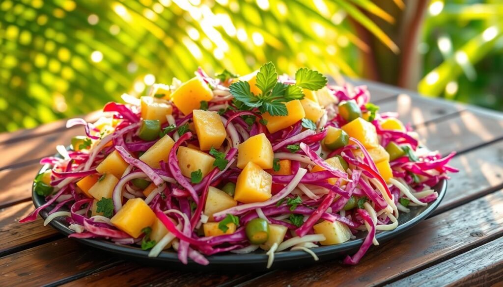 Vibrant Caribbean cabbage salad, featuring a medley of shredded red and green cabbages, juicy tropical fruits like mango and pineapple, fragrant herbs, and a zesty lime vinaigrette. Sunlight filters through lush palm fronds, casting a warm glow over the colorful, textured slaw. Crisp, fresh vegetables and juicy, sweet-tart fruits are artfully arranged on a rustic wooden table, ready to be served as a side dish for an authentic Caribbean meal. High-resolution, detailed, photorealistic.