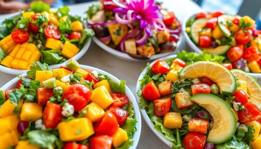 Vibrant Caribbean salads brimming with tropical flavors, a feast for the senses. Fresh greens, juicy mangoes, and ripe avocados arranged in a visually stunning display. Pops of color from red bell peppers, cherry tomatoes, and zesty lime wedges. Glistening surfaces, as if the salads were just tossed in a light, citrusy dressing. Soft, diffused lighting casts a warm glow, creating an inviting, al fresco atmosphere. The camera angle is slightly elevated, showcasing the salads' intricate compositions and enticing the viewer to dive in. An expression of the Caribbean's vibrant culinary culture, these salads are a healthy, flavorful delight.