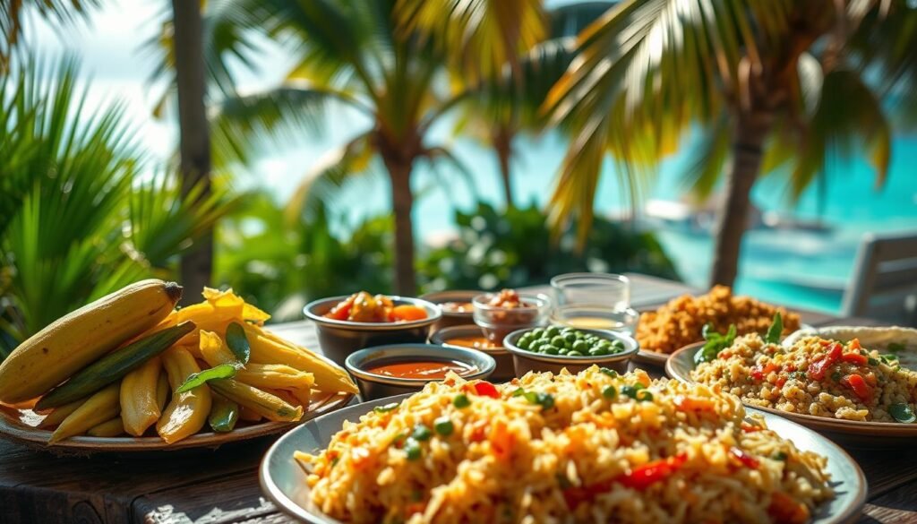 Vibrant Caribbean side dishes, bathed in warm sunlight, laid out on a rustic wooden table. In the foreground, an array of colorful vegetables - steaming plantains, vibrant callaloo, and aromatic rice and peas. In the middle ground, a tantalizing selection of sauces and condiments, with hints of spice and sweetness. The background features a lush, tropical setting, with swaying palm fronds and a glimpse of azure waters. The lighting is soft and natural, casting a golden glow over the scene, evoking the relaxed, laid-back atmosphere of the Caribbean.