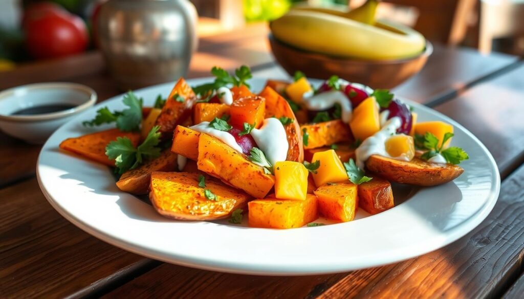 Vibrant Caribbean sweet potato dishes, bathed in warm sunlight, showcased on a rustic wooden table. Soft, roasted sweet potato wedges, seasoned with aromatic spices, nestled alongside a colorful medley of tropical fruits and fresh herbs. A subtle hint of lime zest and a drizzle of creamy coconut sauce add depth and balance to this guilt-free, flavor-packed side. Captured through the lens of a vintage camera, the scene exudes a laidback, island-inspired ambiance, inviting the viewer to savor the fresh, nourishing delights of Caribbean cuisine.