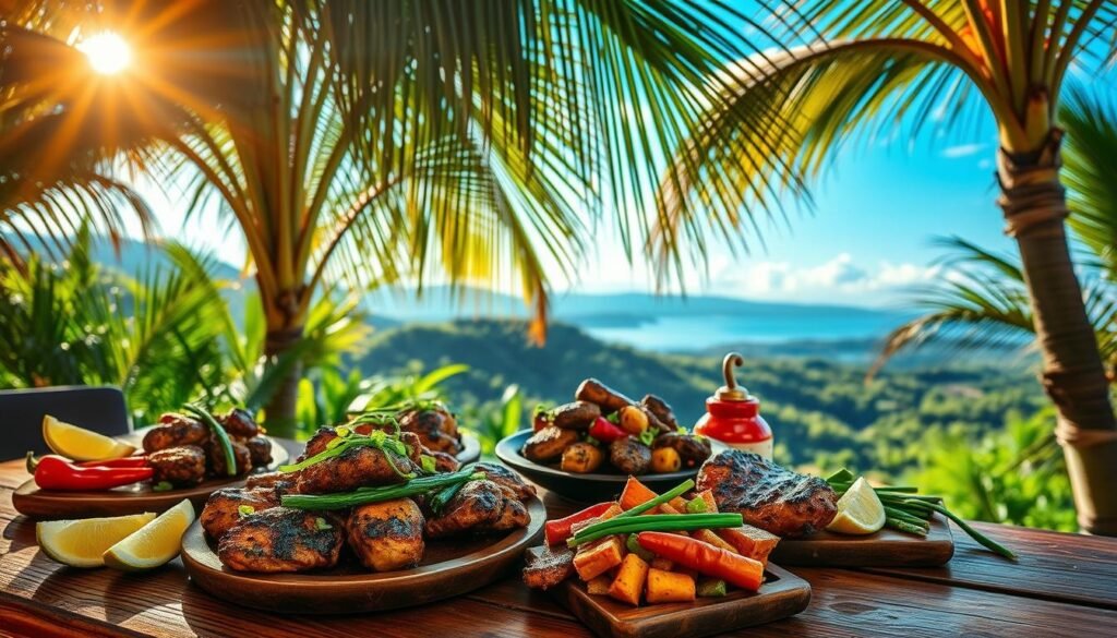 Vibrant Jamaican Jerk Recipes: A lush tropical setting with a wooden table in the foreground, featuring a variety of authentic Jamaican jerk dishes, including grilled jerk chicken, pork, and vegetables, garnished with fresh lime wedges, scallions, and fiery scotch bonnet peppers. Overhead, a warm, golden light filters through lush palm fronds, casting a mellow glow on the scene. In the background, a vista of verdant hills and azure skies evokes the verdant, sun-drenched landscape of the Caribbean island. The overall atmosphere exudes the bold, aromatic flavors and laid-back, island vibes of traditional Jamaican jerk cuisine.