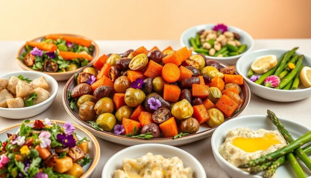 Vibrant and eye-catching Easter side dishes, set against a soft, warm-toned background. A centerpiece of roasted vegetables in a rainbow of colors - carrots, Brussels sprouts, and multicolored potatoes, with a light glaze that catches the gentle studio lighting. Surrounding the main dish are an assortment of smaller plates - a crisp salad with edible flowers, a creamy potato gratin, and a bowl of steamed asparagus spears drizzled with lemon-herb butter. The overall scene evokes the freshness and abundance of spring, inviting the viewer to imagine gathering around the table for a celebratory Easter feast.