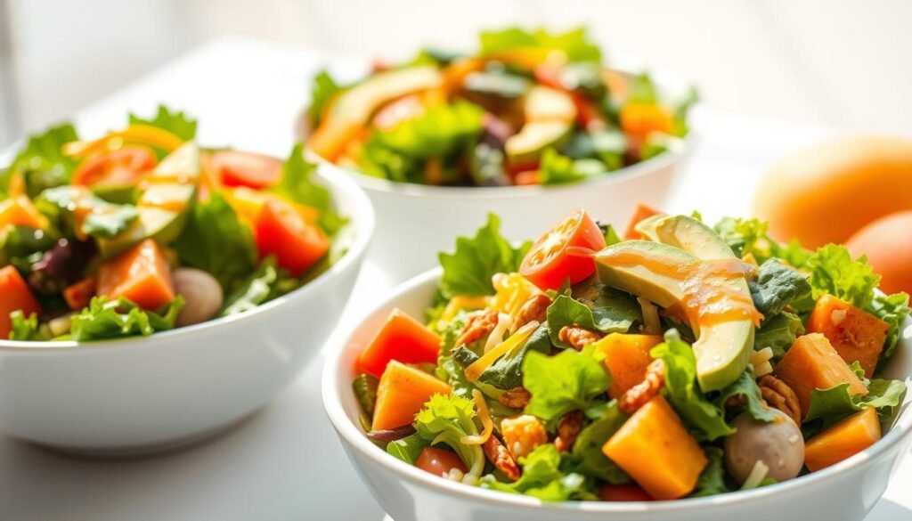 Vibrant and nourishing salads, bursting with a variety of fresh, crisp vegetables in a sunlit scene. Close-up view showcasing an array of leafy greens, juicy tomatoes, crunchy carrots, and creamy avocado slices, all drizzled with a tantalizing dressing. The salads are presented in modern, minimalist white bowls, set against a light, airy background, capturing the essence of a satisfying and nutritious midday meal. Soft, natural lighting illuminates the salad's vibrant colors and textures, evoking a sense of health and vitality. The overall composition exudes a sense of simplicity, balance, and the goodness of a well-crafted, wholesome salad.