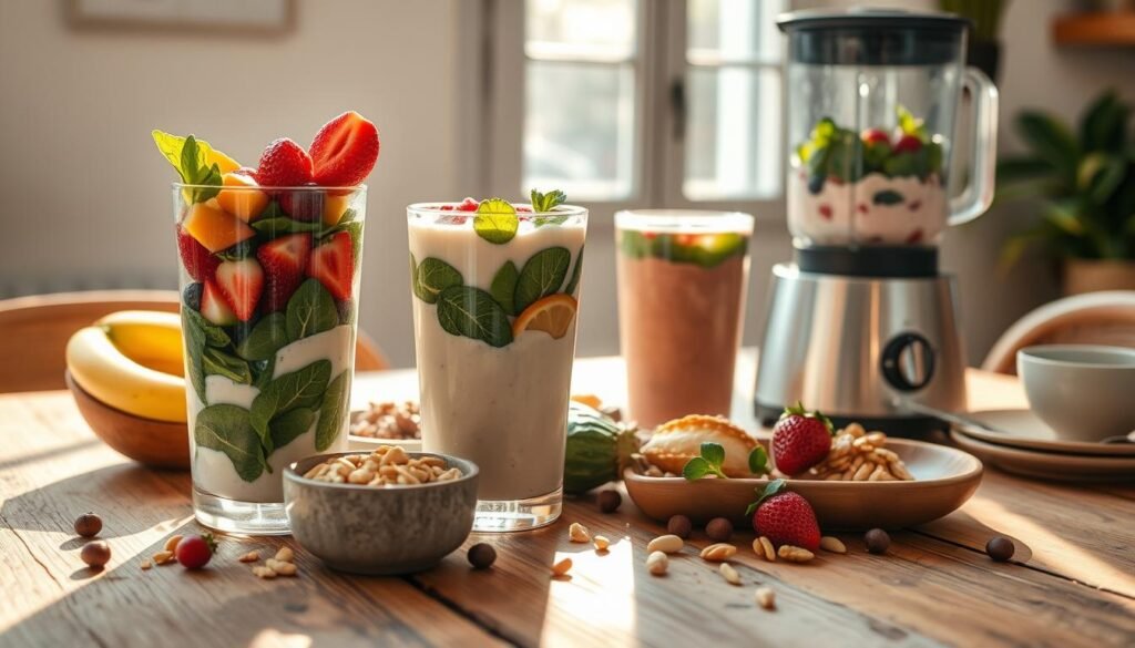 Vibrant and nutrient-dense smoothie recipes displayed on a rustic wooden table, sunlight streaming through a window, casting a warm glow. Overflowing glasses feature an array of fresh fruits, leafy greens, nuts, and creamy yogurt or nut milk. The scene exudes a sense of health, vitality, and effortless refreshment. Sleek, modern blender and minimal, earth-toned tableware complement the natural, wholesome aesthetic. The overall mood is one of simple, nourishing indulgence, inviting the viewer to savor the perfect blend of flavors and textures.