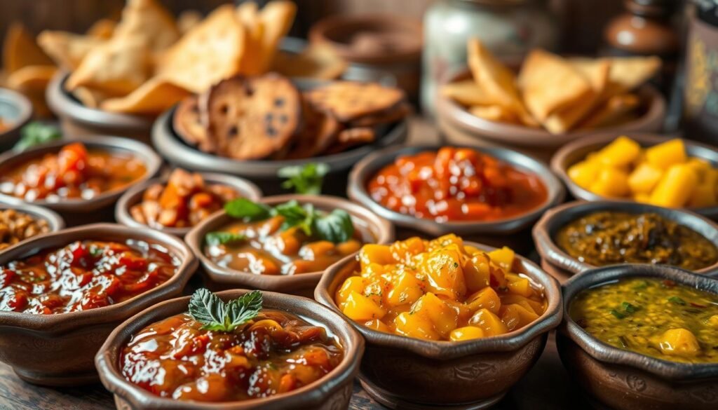 Vibrant array of Indian chutneys - a feast for the senses. Foreground features a selection of colorful chutneys, including tamarind, mint, and mango, presented in traditional ceramic bowls. Middle ground showcases freshly baked savory snacks, inviting texture and crunch. Background hints at a rustic Indian kitchen setting, with warm lighting and subtle hints of spices and herbs. The composition evokes the rich, complex flavors and aromas of authentic Indian cuisine, inspiring the viewer to explore these captivating condiment pairings.