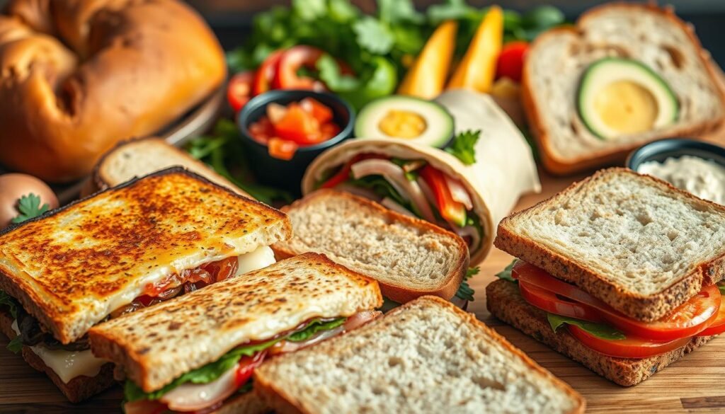 Vibrant assortment of creative sandwich ideas, featuring a variety of artisanal breads, fresh ingredients, and imaginative flavor combinations. Foreground showcases an array of gourmet sandwiches, including a grilled cheese with caramelized onions, a veggie-packed wrap, and a classic BLT on toasted sourdough. Middle ground highlights colorful toppings and condiments, such as roasted red peppers, avocado slices, and flavorful spreads. Soft, natural lighting illuminates the scene, casting warm shadows and highlighting the textures and colors of the ingredients. Closeup angles emphasize the delicious details, inviting the viewer to envision crafting their own unique sandwich creations. Overall, a mouthwatering display of lunchtime inspiration, evoking a sense of culinary creativity and homemade comfort.