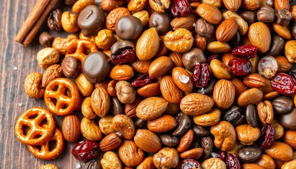 Vibrant close-up of an assortment of delicious trail mix ingredients arranged on a rustic wooden surface. Prominently featured are glistening chocolate-covered pretzels, crunchy honey-roasted peanuts, roasted salted almonds, and plump dried cranberries. Accents of cinnamon sticks, vanilla bean pods, and a sprinkle of sea salt create a warm, inviting atmosphere. Soft, even lighting illuminates the mix, highlighting its enticing textures and colors. The overall composition evokes a nostalgic, homemade vibe perfect for recreating cherished childhood snack memories. Vibrant close-up of an assortment of delicious trail mix ingredients arranged on a rustic wooden surface. Prominently featured are glistening chocolate-covered pretzels, crunchy honey-roasted peanuts, roasted salted almonds, and plump dried cranberries. Accents of cinnamon sticks, vanilla bean pods, and a sprinkle of sea salt create a warm, inviting atmosphere. Soft, even lighting illuminates the mix, highlighting its enticing textures and colors. The overall composition evokes a nostalgic, homemade vibe perfect for recreating cherished childhood snack memories.