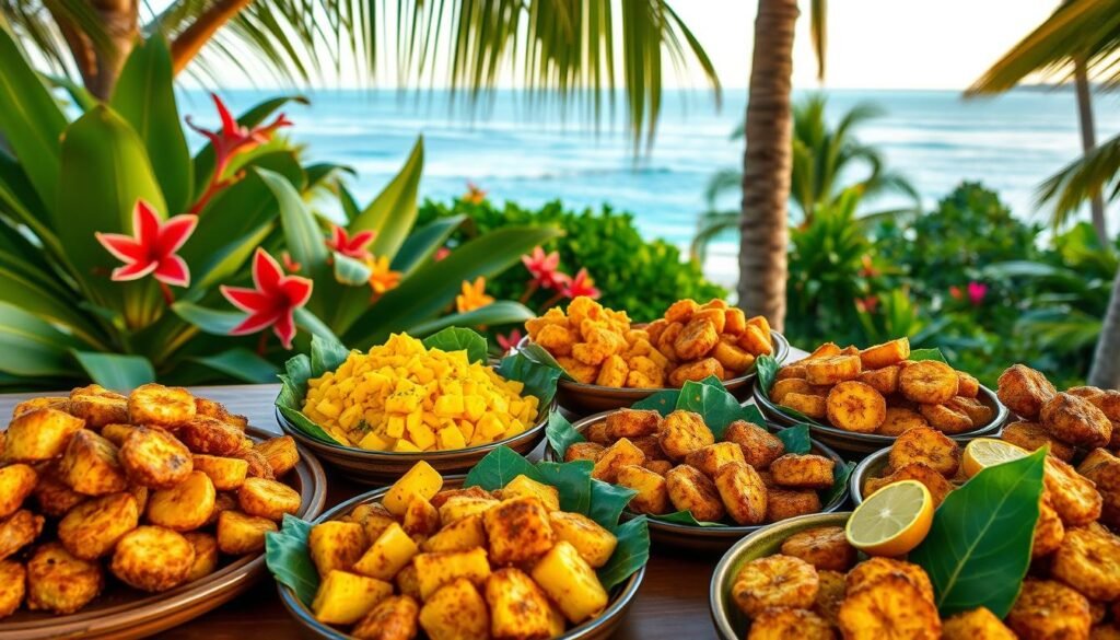 Vibrant island scene showcasing a bountiful spread of traditional Caribbean plantain dishes. In the foreground, a wooden table is adorned with overflowing platters of golden-fried tostones, sweet and savory mashed mashed plantains, and richly spiced plantain fritters. The middle ground features lush tropical foliage, with broad leaves and vibrant flowers in shades of green, red, and yellow. In the background, a glimpse of a tranquil coastal landscape, with azure waters and distant silhouettes of palm trees against a warm, golden-hued sky. Soft, diffused lighting casts a cozy, inviting atmosphere, highlighting the rustic textures and vibrant colors of the plantain-based delicacies.