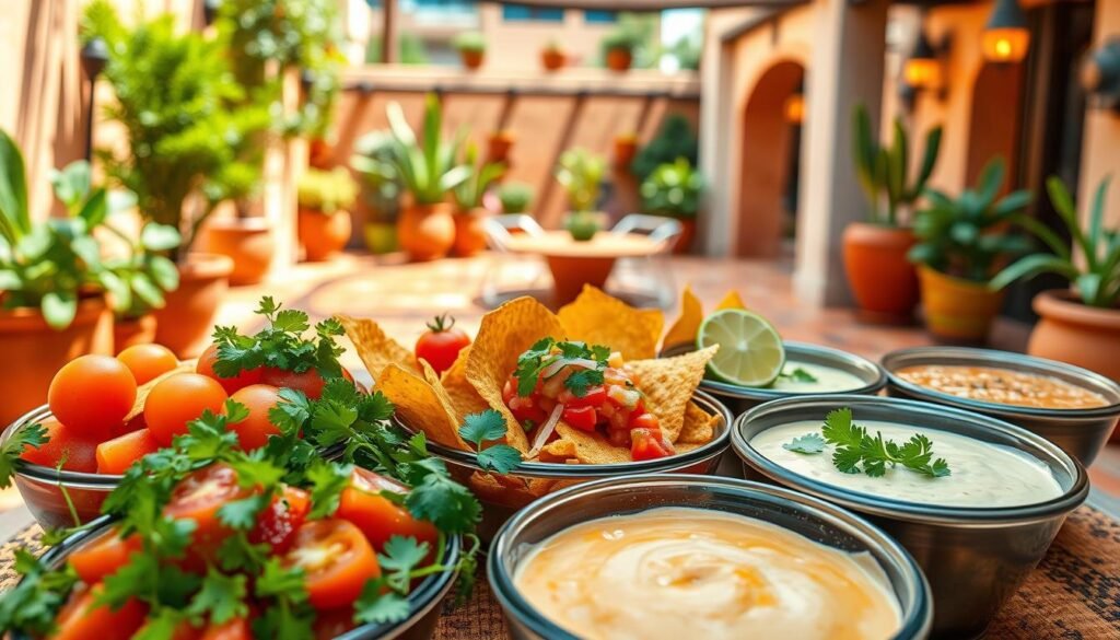 Vibrant summer Mexican recipes, a flavorful fiesta of color and taste. In the foreground, a lively display of zesty salsas and creamy dips - fresh tomatoes, vibrant chili peppers, fragrant cilantro, and tangy lime. Mid-frame, sizzling taco shells and crisp tortilla chips, ready to be adorned with the vibrant dips. In the background, a sun-drenched Mexican courtyard, with terracotta tiles, lush potted plants, and warm, golden lighting. The mood is one of celebration, with a lively, festive atmosphere perfect for any occasion. Captured with a wide-angle lens, highlighting the depth and richness of this delectable Mexican spread.