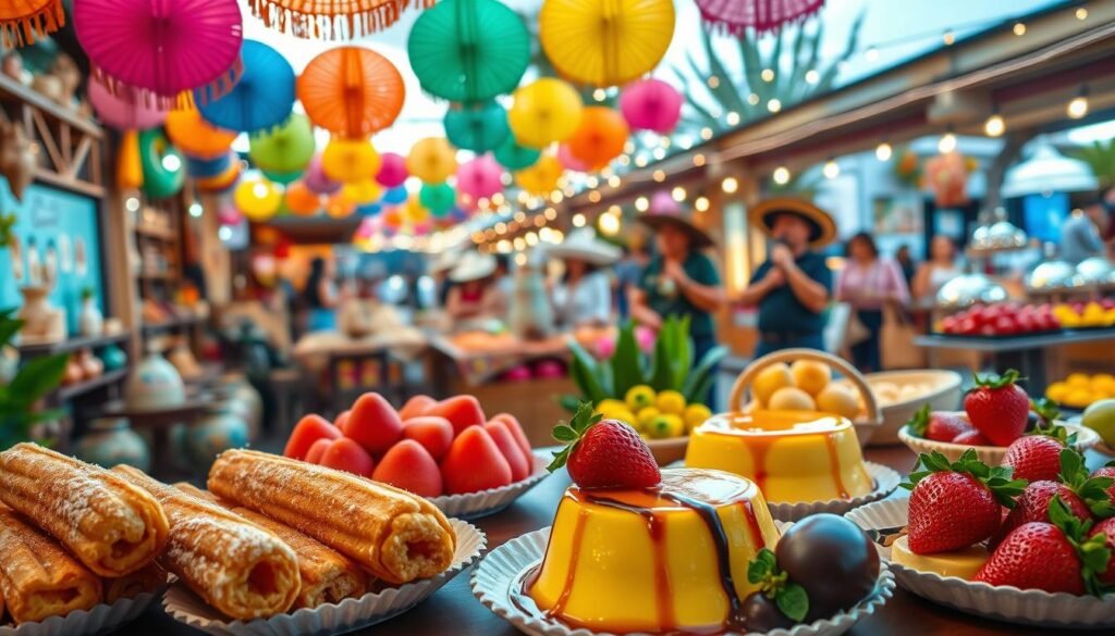 Vibrant summer fiesta scene featuring delectable Mexican desserts. In the foreground, an array of colorful sweet treats - churros dusted with cinnamon sugar, creamy flan drizzled with caramel, and decadent chocolate-dipped strawberries. Festive papel picado banners sway overhead, casting a warm glow. In the middle ground, a display of traditional ceramic pottery and woven baskets brimming with fresh fruits. The background is a lively marketplace, bustling with vibrant stalls, strings of twinkling lights, and mariachi musicians serenading the crowd. Soft, diffused lighting illuminates the joyous atmosphere, inviting the viewer to indulge in the sweet flavors of a Mexican summer.