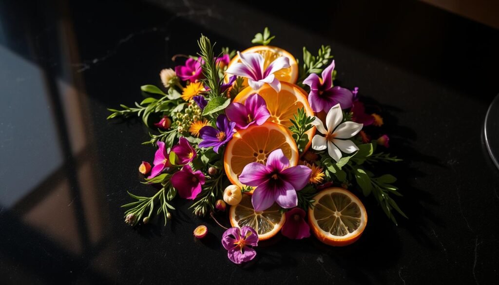 a beautifully arranged garnish decoration, showcasing a vibrant array of fresh herbs, edible flowers, and citrus slices, artfully presented on a glossy black surface. The lighting is soft and warm, casting gentle shadows that accentuate the textures and colors of the ingredients. The composition is visually striking, with a sense of balance and symmetry, creating an image that is both aesthetically pleasing and inviting. The overall mood is one of elegance and sophistication, perfectly capturing the essence of a luxurious, Instagram-worthy cocktail presentation.