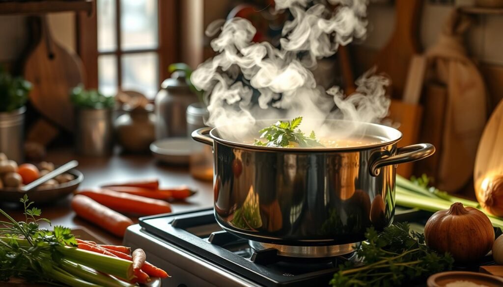 a cozy, intimate kitchen scene with a large pot of steaming, aromatic winter vegetable soup on the stove, surrounded by fresh, seasonal ingredients like carrots, celery, onions, and herbs, with soft, natural lighting filtering in through a nearby window, conveying a sense of nourishment, warmth, and wholesome goodness