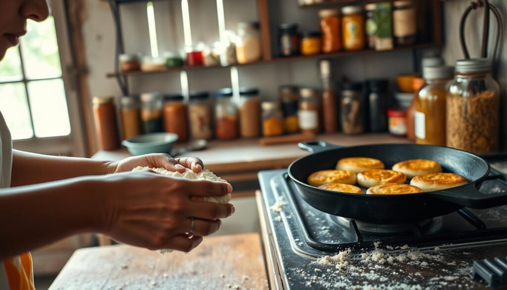 a detailed scene of traditional caribbean johnny cakes preparation in a rustic kitchen. in the foreground, a woman's hands carefully mixing and kneading a dough of flour, water, and butter on a wooden countertop. in the middle ground, a cast iron skillet sizzles on a stovetop, golden brown johnny cakes frying to perfection. the background features colorful spices, herbs, and other island ingredients in glass jars lining the shelves of a cozy, well-worn kitchen. warm, natural lighting filters through a window, casting a soft glow over the scene. the atmosphere is one of homey tradition, heritage, and the comforting aroma of fresh-baked bread.