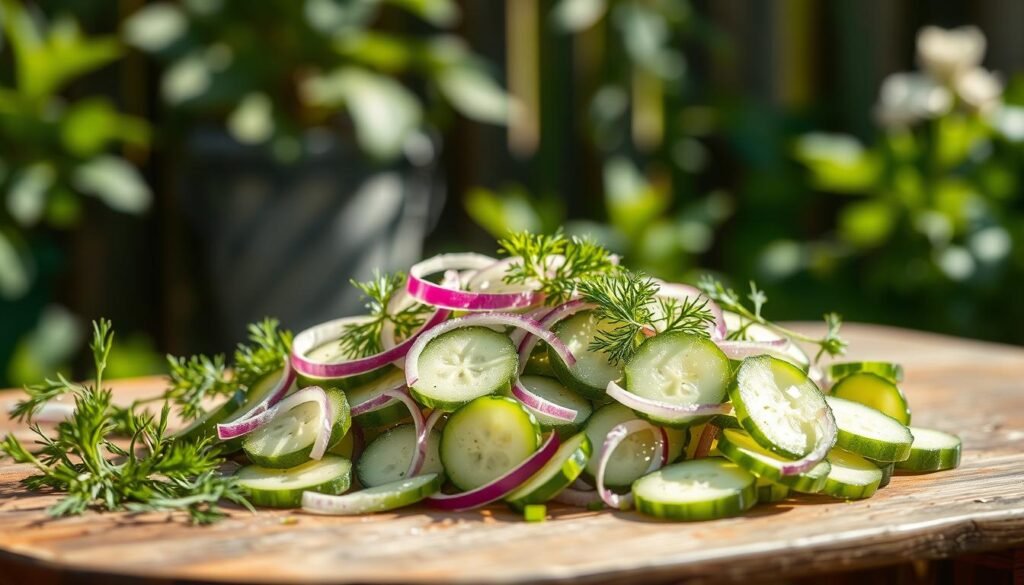 a fresh, seasonal cucumber salad laid out on a rustic wooden table, lit by soft natural lighting, with a clean, bright, and appetizing composition. The salad features thick-sliced cucumbers, fresh dill, thinly sliced red onions, and a light, tangy dressing. The table is set against a blurred, out-of-focus background with hints of greenery, suggesting a lush garden setting. The overall mood is crisp, clean, and inviting, highlighting the vibrant, seasonal ingredients.