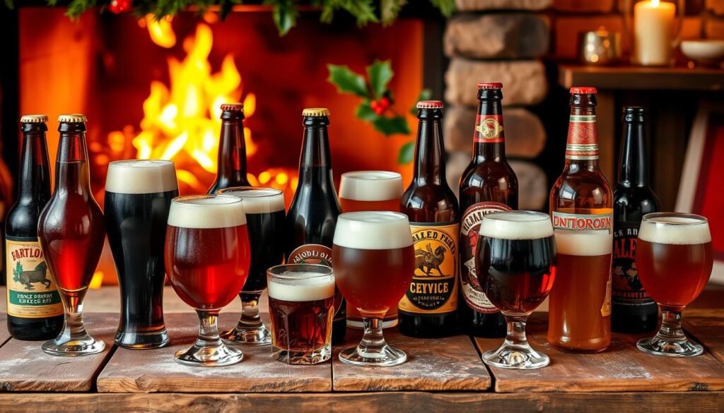 a photo of various types of holiday beers and ales arranged on a rustic wooden table, with a cozy, festive atmosphere. In the foreground, there are bottles and glasses of rich, amber-colored ales, some with foamy heads, along with bottles of dark, malty stouts. In the middle ground, there are seasonal spiced ales, with hints of cinnamon, nutmeg, and citrus. The background features a warm, glowing fireplace, casting a soft, golden light on the scene, and a sprig of holly or other holiday greenery adding a touch of seasonal charm. The overall mood is one of traditional, cozy holiday cheer, perfect for enjoying a selection of special, limited-edition winter ales.