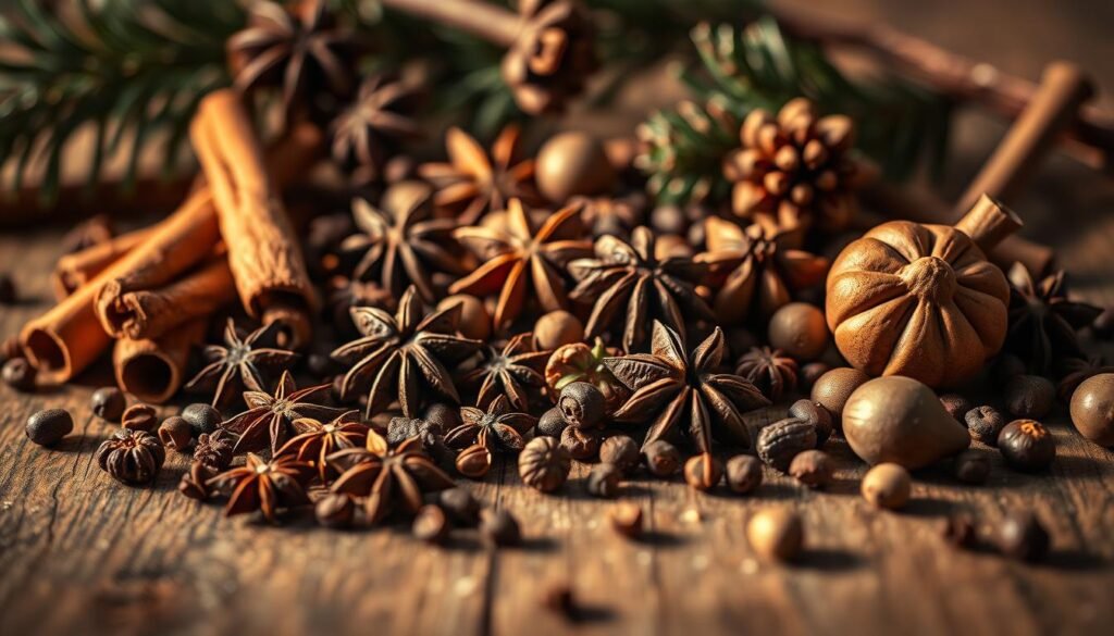 a tightly arranged still life composition of various Christmas spices - cinnamon sticks, whole cloves, star anise, allspice berries, and whole nutmegs, scattered across a rustic wooden surface. Warm, golden lighting from the side casts a soft glow, highlighting the rich, earthy tones and natural textures of the spices. The composition is framed tightly, filling the frame, with a shallow depth of field to make the spices the focal point. The overall mood is cozy, inviting, and evocative of the Christmas season. a tightly arranged still life composition of various Christmas spices - cinnamon sticks, whole cloves, star anise, allspice berries, and whole nutmegs, scattered across a rustic wooden surface. Warm, golden lighting from the side casts a soft glow, highlighting the rich, earthy tones and natural textures of the spices. The composition is framed tightly, filling the frame, with a shallow depth of field to make the spices the focal point. The overall mood is cozy, inviting, and evocative of the Christmas season.