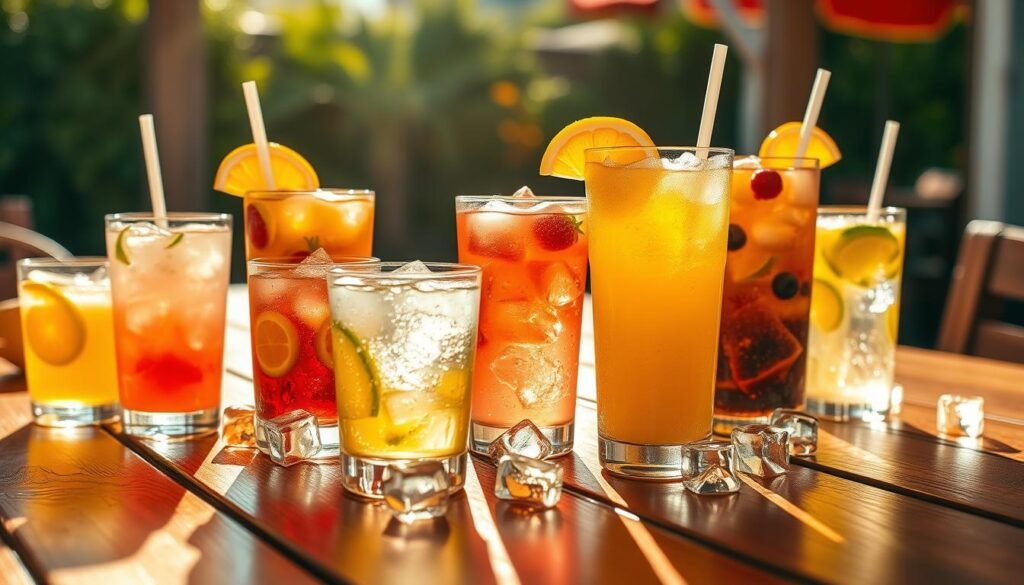 refreshing summer drinks on a wooden table, with water droplets and ice cubes, include various fruit-infused beverages such as lemonade, iced tea, and fruit punch, illuminated by warm, golden natural lighting, with a bright, cheerful, and refreshing atmosphere, captured from a low angle to highlight the colorful and enticing display of thirst-quenching drinks