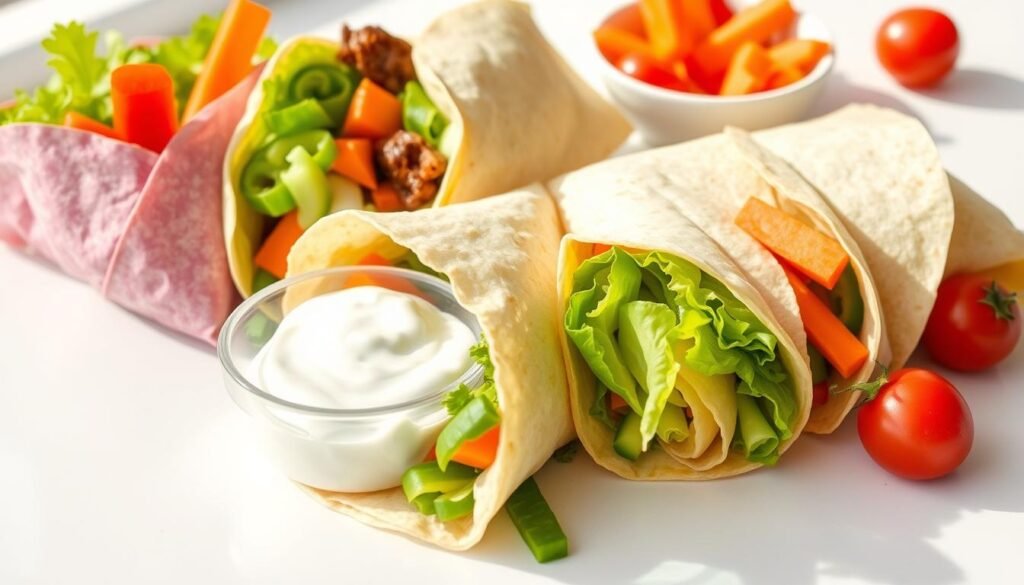 simple wraps for kids with colorful tortilla wraps, fresh vegetables like carrots, cucumbers, and cherry tomatoes, and a creamy white dipping sauce on a white countertop or table in natural daylight, with a playful, kid-friendly atmosphere