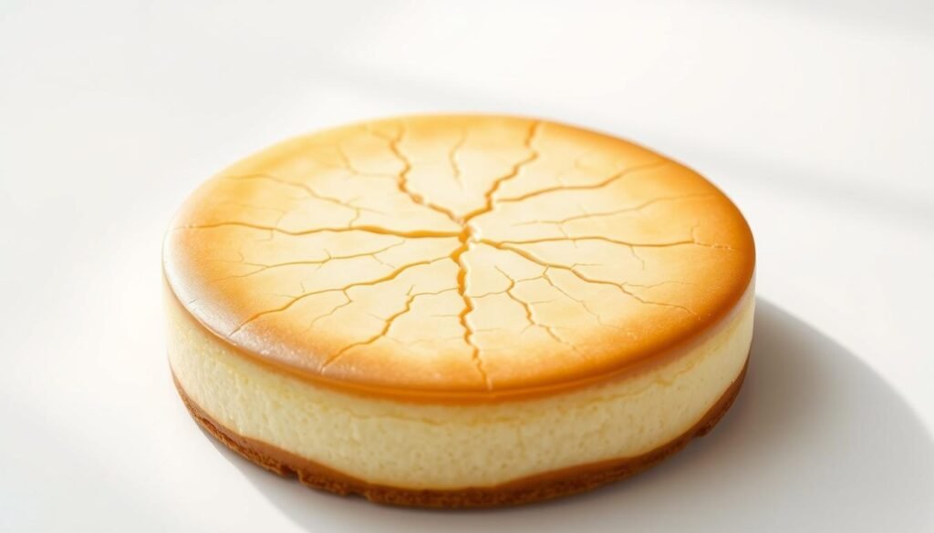 A Japanese cheesecake on a pristine white background, bathed in soft, diffused lighting. The cake's golden-brown surface is delicately cracked, revealing the light, fluffy interior. The cracks pattern the cake's surface in a captivating, organic design, hinting at the cake's airy texture. The scene is captured from a slight low angle, emphasizing the dessert's elegant presentation. The lighting creates subtle shadows that accentuate the cake's contours, while maintaining an overall bright and inviting atmosphere. The composition is balanced and visually striking, drawing the viewer's attention to the delicate cracking pattern that is the focus of this troubleshooting section. A Japanese cheesecake on a pristine white background, bathed in soft, diffused lighting. The cake's golden-brown surface is delicately cracked, revealing the light, fluffy interior. The cracks pattern the cake's surface in a captivating, organic design, hinting at the cake's airy texture. The scene is captured from a slight low angle, emphasizing the dessert's elegant presentation. The lighting creates subtle shadows that accentuate the cake's contours, while maintaining an overall bright and inviting atmosphere. The composition is balanced and visually striking, drawing the viewer's attention to the delicate cracking pattern that is the focus of this troubleshooting section.