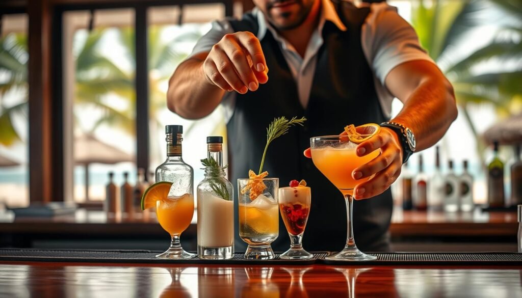 A bartender in a tropical-themed bar expertly balances a set of various Caribbean cocktail ingredients on a wooden countertop. The scene is well-lit, with soft natural lighting filtering through large windows overlooking a palm tree-lined beach. The bartender's hands are in focus, demonstrating precise techniques for layering and combining different liquors, juices, syrups, and garnishes to create a harmonious and visually appealing mixed drink. The background is blurred, hinting at the lively atmosphere of the bar and the island's relaxed, carefree ambiance. The overall mood is one of skilled craftsmanship, island-inspired elegance, and the art of balancing flavors in classic Caribbean cocktail recipes.