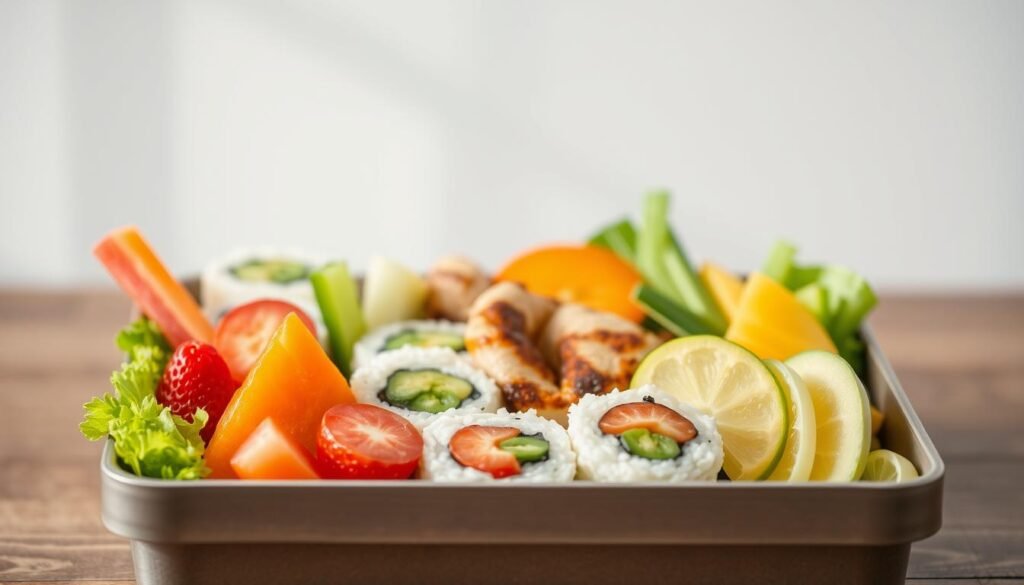 A beautifully arranged bento box with an array of vibrant, bite-sized delights. A variety of sushi rolls, onigiri rice balls, crisp vegetables, and delicate fruit slices adorning the foreground. Nestled in the middle, perfectly portioned protein sources like grilled chicken or tofu. The background features a serene, minimalist setting with a soft, natural light illuminating the scene. Muted colors and clean lines create a calming, visually appealing composition that is both practical and visually stunning, perfect for a child's lunch.