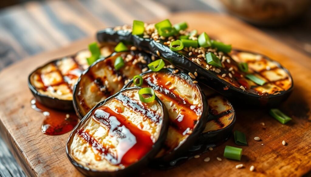 A beautifully arranged grilled Japanese eggplant dish, showcased on a rustic wooden table. The eggplant slices are perfectly charred, with glistening skins and a soft, creamy interior. Garnished with fresh green onions, a sprinkle of sesame seeds, and a drizzle of a rich, savory sauce, creating a harmonious blend of flavors and textures. The scene is bathed in warm, natural lighting, creating a cozy and inviting atmosphere, highlighting the dish's simplicity and authenticity. Captured from a slightly elevated angle, the image emphasizes the dish's visual appeal and the high-quality ingredients used in this mouthwatering Japanese eggplant recipe.
