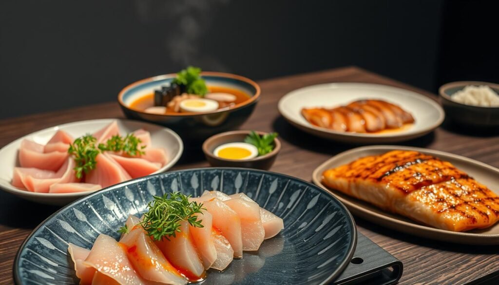 A beautifully arranged modern Japanese meal, showcasing a fusion of traditional and contemporary culinary techniques. In the foreground, a delicate sashimi platter with thinly sliced raw fish, artfully garnished with vibrant microgreens and a drizzle of citrus-infused soy sauce. In the middle ground, a steaming bowl of ramen noodles in a rich, umami-packed broth, topped with tender pork belly, soft-boiled egg, and crisp nori sheets. In the background, a minimalist table setting with a ceramic plate of grilled teriyaki-glazed salmon, accompanied by a side of roasted vegetables and a small bowl of fragrant Japanese rice. The scene is illuminated by soft, diffused lighting, casting a warm, inviting glow on the meticulously prepared dishes. The overall atmosphere exudes a sense of refined simplicity and a celebration of the flavors and textures of modern Japanese cuisine. A beautifully arranged modern Japanese meal, showcasing a fusion of traditional and contemporary culinary techniques. In the foreground, a delicate sashimi platter with thinly sliced raw fish, artfully garnished with vibrant microgreens and a drizzle of citrus-infused soy sauce. In the middle ground, a steaming bowl of ramen noodles in a rich, umami-packed broth, topped with tender pork belly, soft-boiled egg, and crisp nori sheets. In the background, a minimalist table setting with a ceramic plate of grilled teriyaki-glazed salmon, accompanied by a side of roasted vegetables and a small bowl of fragrant Japanese rice. The scene is illuminated by soft, diffused lighting, casting a warm, inviting glow on the meticulously prepared dishes. The overall atmosphere exudes a sense of refined simplicity and a celebration of the flavors and textures of modern Japanese cuisine.