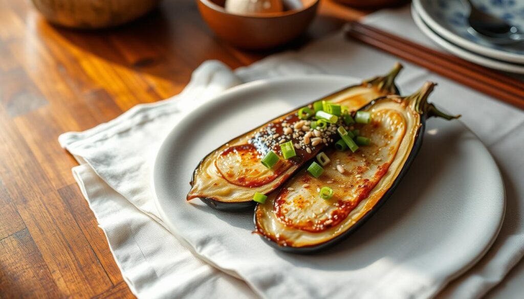 A beautifully arranged scene of a wooden table with a white linen cloth, showcasing a Japanese eggplant dish. The eggplant is halved lengthwise, the flesh glistening with a light glaze, garnished with sliced scallions and a sprinkle of sesame seeds. Warm, natural lighting illuminates the scene, creating a cozy, intimate atmosphere. The composition is balanced, with the eggplant taking center stage, surrounded by minimal yet elegant tableware. The image conveys the simplicity and elegance of traditional Japanese cuisine, inviting the viewer to savor the flavors and textures of this delectable nasu dish.