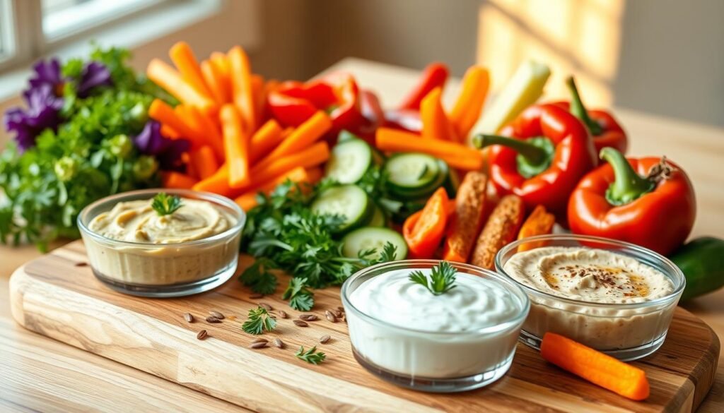 A beautifully arranged still life of fresh, vibrant vegetable dips and spreads. In the foreground, a wooden board hosts a selection of creamy, homemade dips - perhaps a zesty guacamole, a rich and nutty hummus, and a tangy yogurt-based dip. Surrounding the dips are an assortment of crudités, including crisp carrot sticks, juicy cucumber slices, and tender roasted red peppers. The middle ground features a scattering of fresh herbs, a drizzle of olive oil, and a sprinkling of toasted seeds for texture. The background is softly blurred, suggesting a light-filled, natural setting that enhances the fresh, wholesome feel of the scene. Warm, golden lighting casts a comforting glow, inviting the viewer to reach in and savor these delightful plant-based dips and spreads.