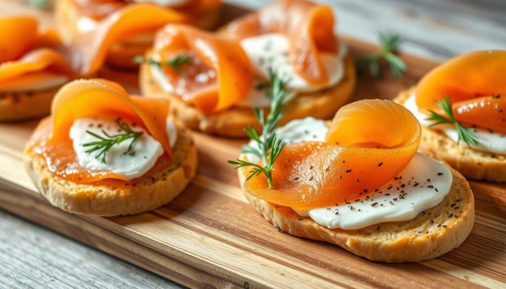 A beautifully crafted wooden board holds a delectable arrangement of smoked salmon flatbreads. The flatbreads are golden brown, their crisp edges adorned with flecks of dill and cracked black pepper. Thin slices of silky smoked salmon are artfully draped across the surface, their vibrant orange hues complementing the creamy white cheese and fresh sprigs of dill. The lighting is soft and natural, casting a warm glow over the scene and highlighting the intricate textures of the ingredients. The overall composition is visually appealing, inviting the viewer to imagine the savory flavors and the satisfying crunch of each bite. A beautifully crafted wooden board holds a delectable arrangement of smoked salmon flatbreads. The flatbreads are golden brown, their crisp edges adorned with flecks of dill and cracked black pepper. Thin slices of silky smoked salmon are artfully draped across the surface, their vibrant orange hues complementing the creamy white cheese and fresh sprigs of dill. The lighting is soft and natural, casting a warm glow over the scene and highlighting the intricate textures of the ingredients. The overall composition is visually appealing, inviting the viewer to imagine the savory flavors and the satisfying crunch of each bite.