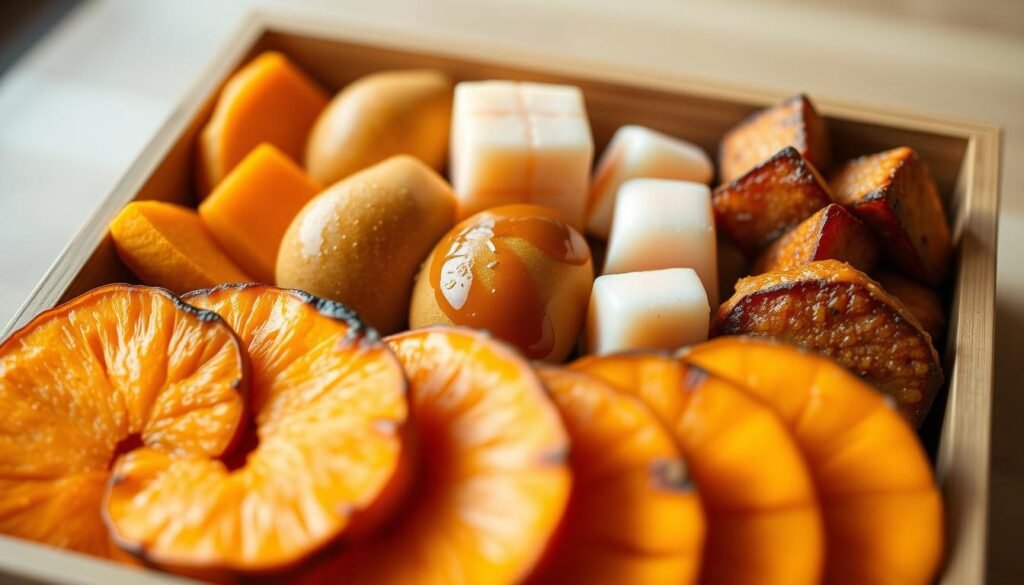 A beautifully curated bento box overflowing with delectable sweet potato delights. In the foreground, artfully arranged slices of roasted sweet potato, their vibrant orange hues glistening under soft, natural lighting. In the middle ground, small sweet potato balls coated in a sticky-sweet glaze, nestled alongside dainty mochi cubes in complementary pastel shades. The background features a minimalist, wooden bento box, its clean lines and neutral tones allowing the vibrant ingredients to take center stage. The overall scene exudes a sense of Japanese elegance and simplicity, capturing the essence of sweet potatoes in the traditional home cooking of Japan.